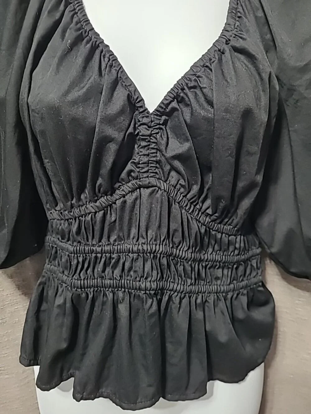Old Navy‎ Top S Black Puff Sleeve Baby Doll Peplum Elastic Waist Y2K Style